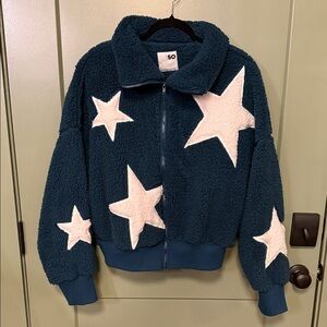 SO Deep Teal sherpa Jacket with white Star Appliqués